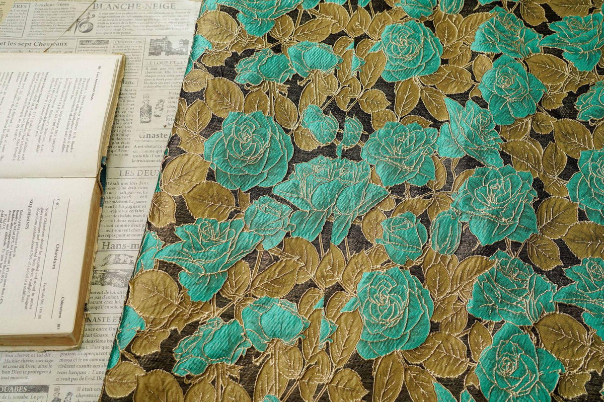 Turquoise Rose Jacquard Fabric, 3D Raised Floral Brocade with Gold Thread, Vintage Baroque Fabric for Dresses, Jackets and Home Decor, 55"W