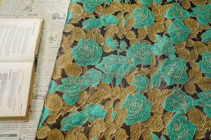 Turquoise Rose Jacquard Fabric, 3D Raised Floral Brocade with Gold Thread, Vintage Baroque Fabric for Dresses, Jackets and Home Decor, 55"W