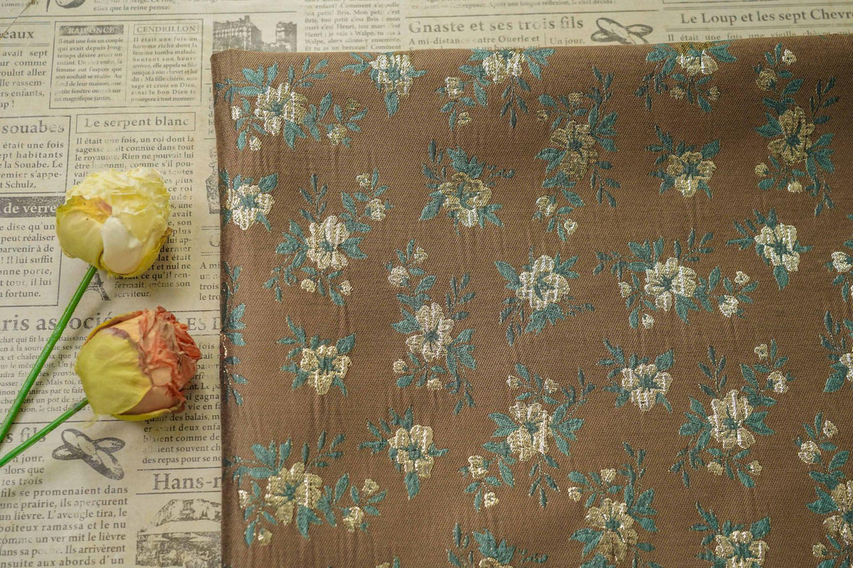 Brown Floral Jacquard Fabric, Gold Thread Ditsy Flowers, Vintage Textured Brocade for Dresses, Jackets, Cheongsam and Home Decor, 55"W