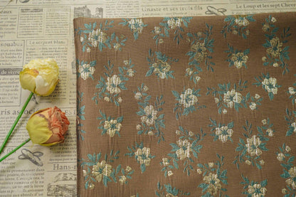Brown Floral Jacquard Fabric, Gold Thread Ditsy Flowers, Vintage Textured Brocade for Dresses, Jackets, Cheongsam and Home Decor, 55"W