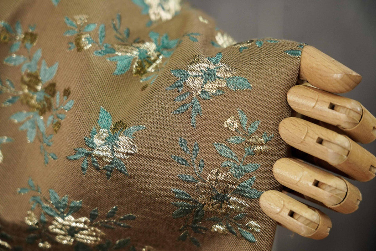 Brown Floral Jacquard Fabric, Gold Thread Ditsy Flowers, Vintage Textured Brocade for Dresses, Jackets, Cheongsam and Home Decor, 55"W