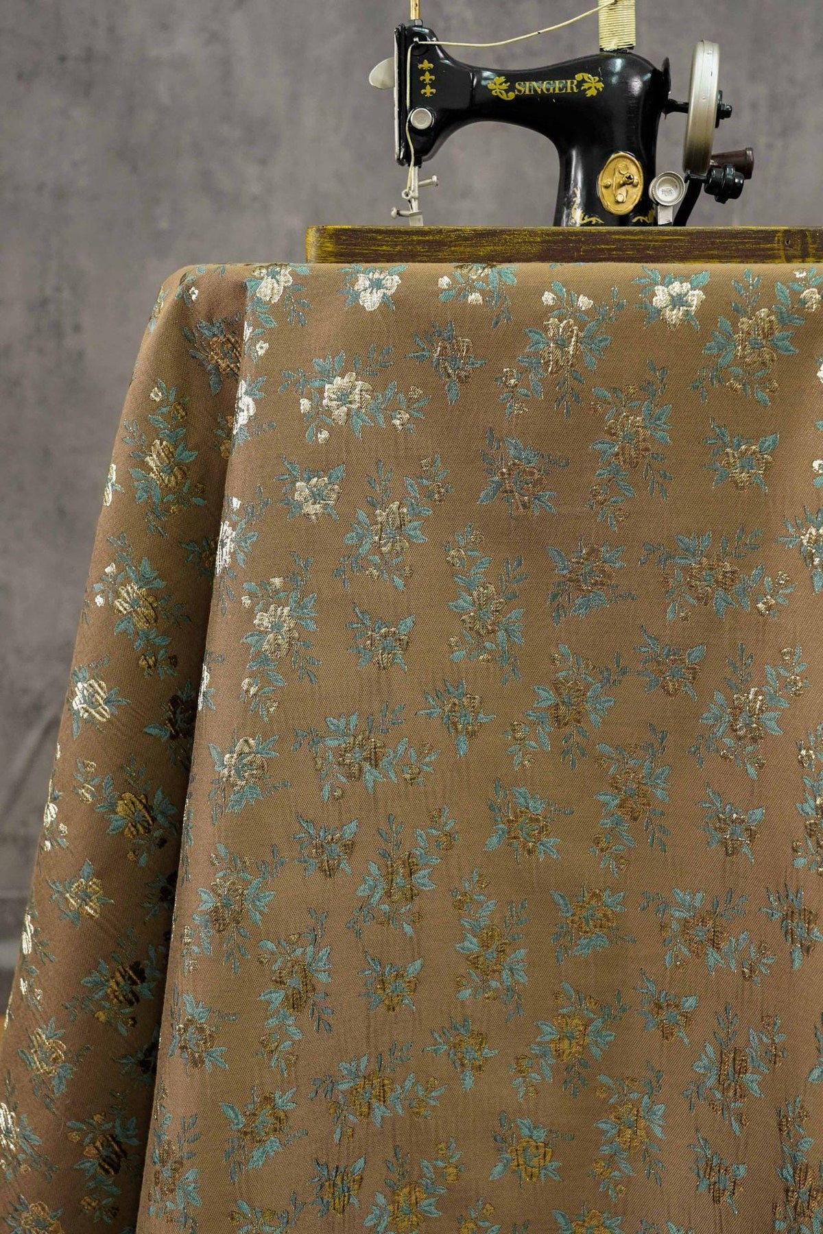 Brown Floral Jacquard Fabric, Gold Thread Ditsy Flowers, Vintage Textured Brocade for Dresses, Jackets, Cheongsam and Home Decor, 55"W