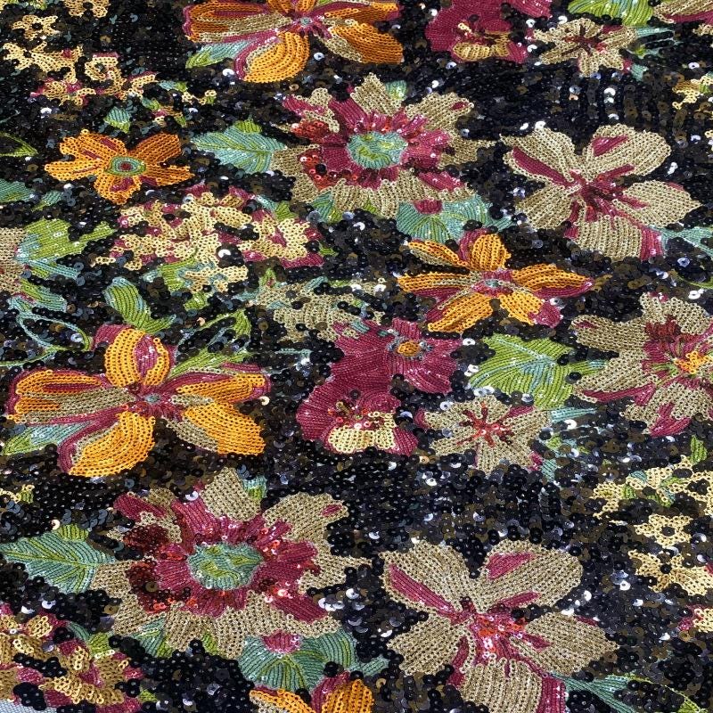 Multicolor Floral Sequin Fabric, Black Sequined Embroidered Mesh, Sparkly Flower Fabric for Evening Gowns, Dresses, Costumes and Accessories