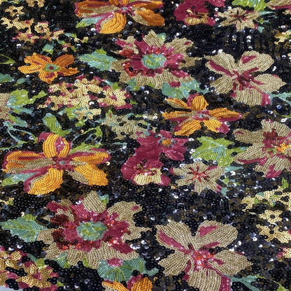 Multicolor Floral Sequin Fabric, Black Sequined Embroidered Mesh, Sparkly Flower Fabric for Evening Gowns, Dresses, Costumes and Accessories