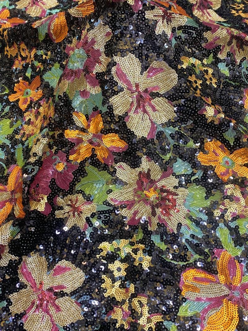 Multicolor Floral Sequin Fabric, Black Sequined Embroidered Mesh, Sparkly Flower Fabric for Evening Gowns, Dresses, Costumes and Accessories