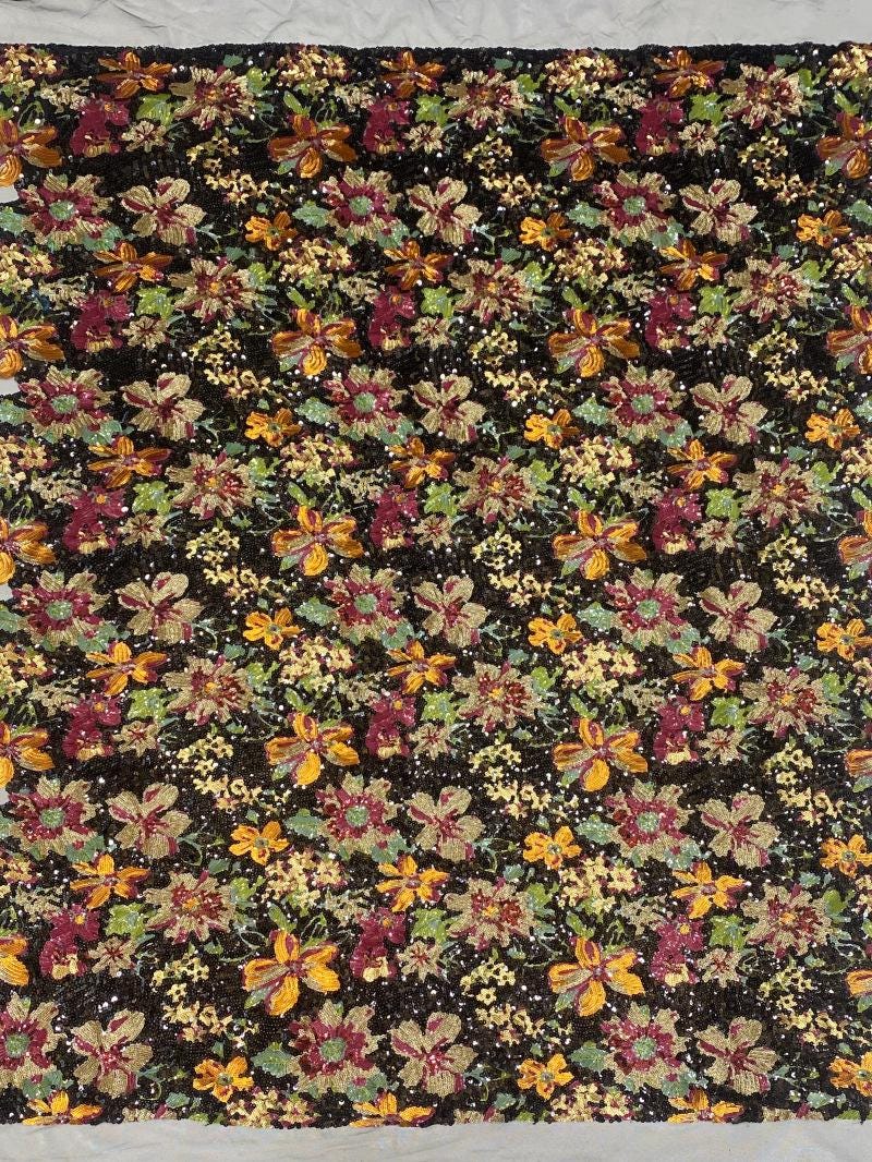 Multicolor Floral Sequin Fabric, Black Sequined Embroidered Mesh, Sparkly Flower Fabric for Evening Gowns, Dresses, Costumes and Accessories