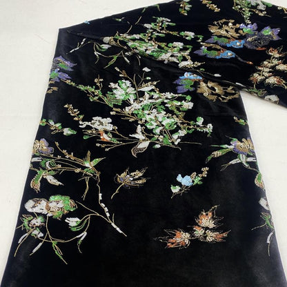 Black Velvet Floral Embroidered Fabric, Colorful Sequin and Beaded Botanical Design for Evening Gowns, Dresses, Jackets and Couture Sewing