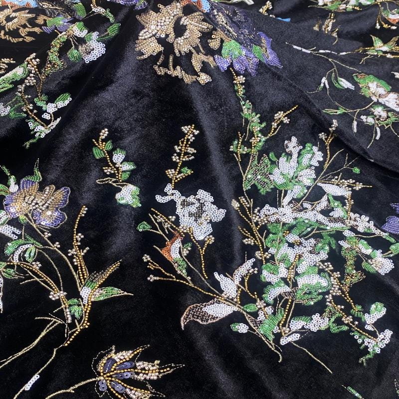 Black Velvet Floral Embroidered Fabric, Colorful Sequin and Beaded Botanical Design for Evening Gowns, Dresses, Jackets and Couture Sewing