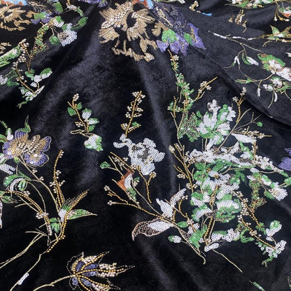 Black Velvet Floral Embroidered Fabric, Colorful Sequin and Beaded Botanical Design for Evening Gowns, Dresses, Jackets and Couture Sewing