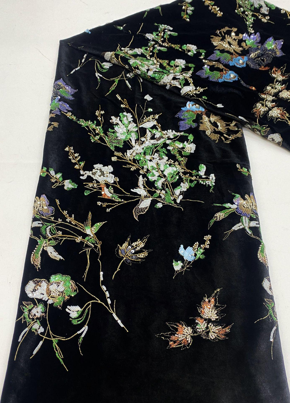 Black Velvet Floral Embroidered Fabric, Colorful Sequin and Beaded Botanical Design for Evening Gowns, Dresses, Jackets and Couture Sewing