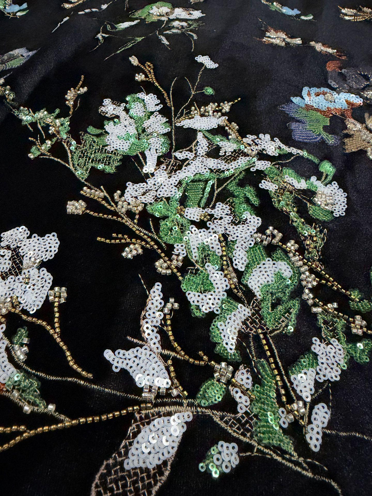 Black Velvet Floral Embroidered Fabric, Colorful Sequin and Beaded Botanical Design for Evening Gowns, Dresses, Jackets and Couture Sewing