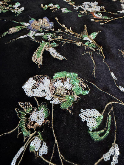 Black Velvet Floral Embroidered Fabric, Colorful Sequin and Beaded Botanical Design for Evening Gowns, Dresses, Jackets and Couture Sewing