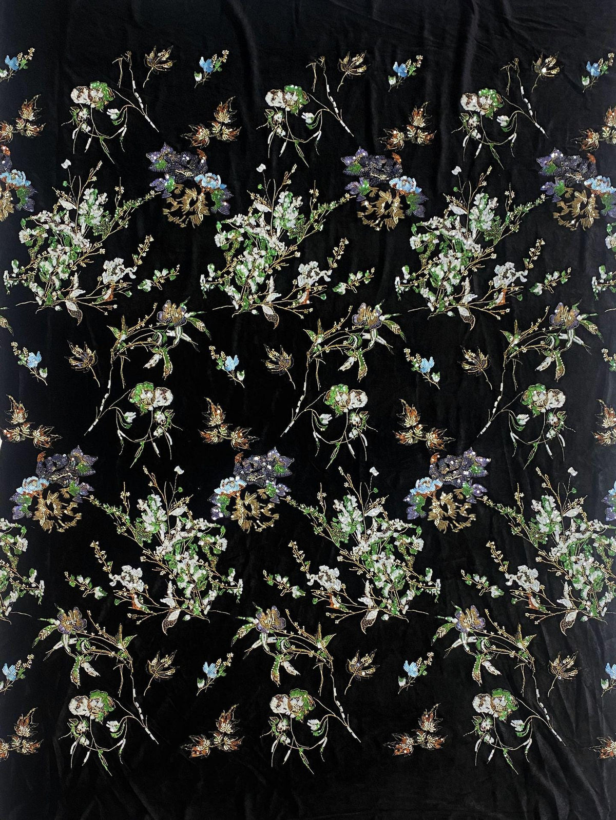 Black Velvet Floral Embroidered Fabric, Colorful Sequin and Beaded Botanical Design for Evening Gowns, Dresses, Jackets and Couture Sewing
