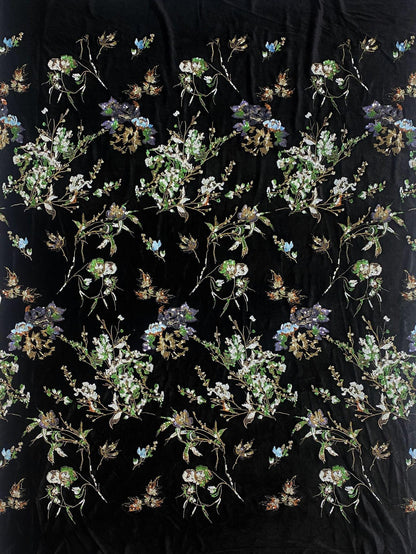 Black Velvet Floral Embroidered Fabric, Colorful Sequin and Beaded Botanical Design for Evening Gowns, Dresses, Jackets and Couture Sewing