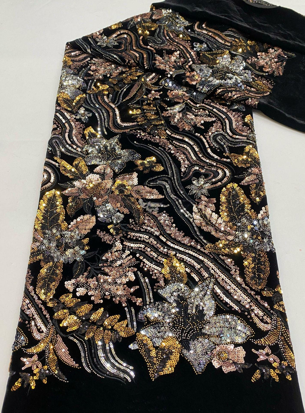 Black Velvet Sequin Embroidered Fabric, Gold Silver Floral Beaded Embroidery, Luxury Fabric for Evening Gowns, Dresses and Couture Sewing