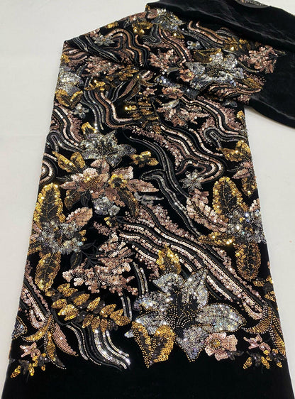Black Velvet Sequin Embroidered Fabric, Gold Silver Floral Beaded Embroidery, Luxury Fabric for Evening Gowns, Dresses and Couture Sewing