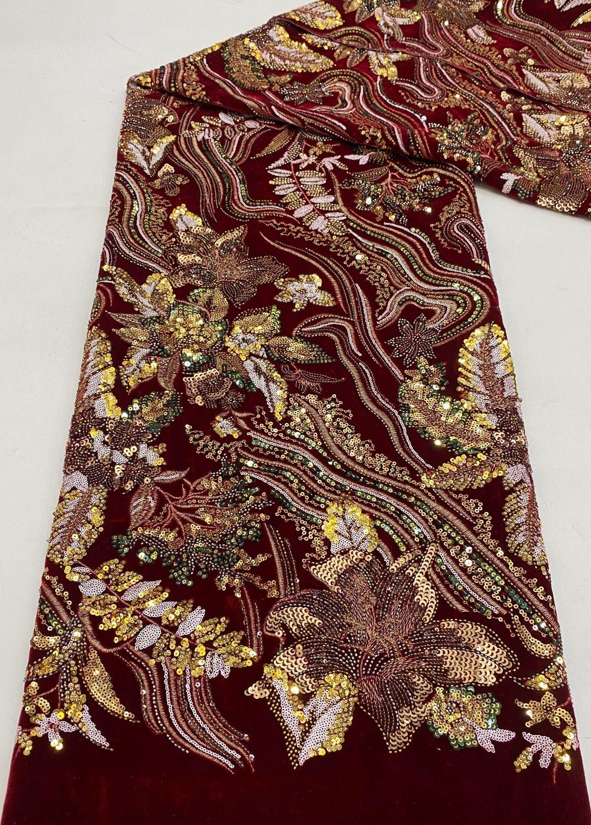 Black Velvet Sequin Embroidered Fabric, Gold Silver Floral Beaded Embroidery, Luxury Fabric for Evening Gowns, Dresses and Couture Sewing