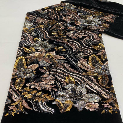 Black Velvet Sequin Embroidered Fabric, Gold Silver Floral Beaded Embroidery, Luxury Fabric for Evening Gowns, Dresses and Couture Sewing