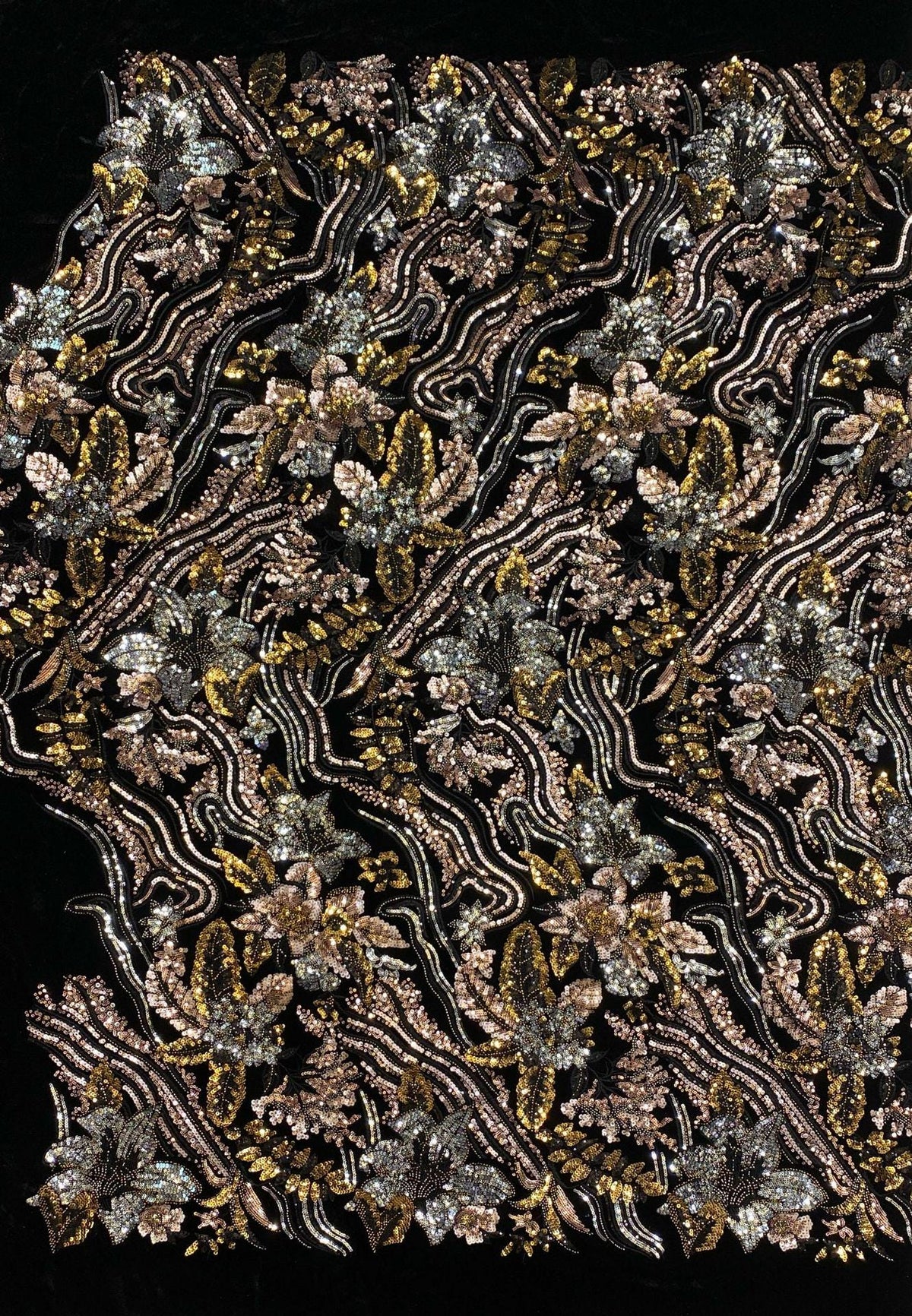 Black Velvet Sequin Embroidered Fabric, Gold Silver Floral Beaded Embroidery, Luxury Fabric for Evening Gowns, Dresses and Couture Sewing