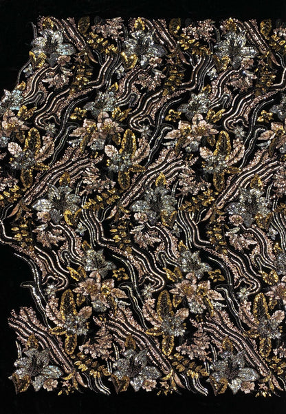 Black Velvet Sequin Embroidered Fabric, Gold Silver Floral Beaded Embroidery, Luxury Fabric for Evening Gowns, Dresses and Couture Sewing