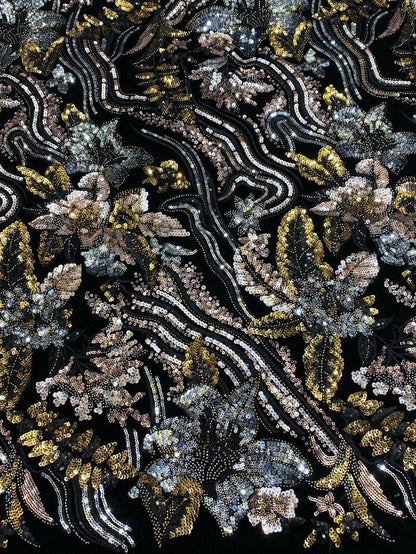 Black Velvet Sequin Embroidered Fabric, Gold Silver Floral Beaded Embroidery, Luxury Fabric for Evening Gowns, Dresses and Couture Sewing
