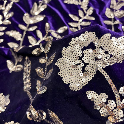 Purple Velvet Sequin Embroidered Fabric, Gold Floral Vine Embroidery, Shimmering Velvet for Evening Gowns, Dresses and Costume Sewing