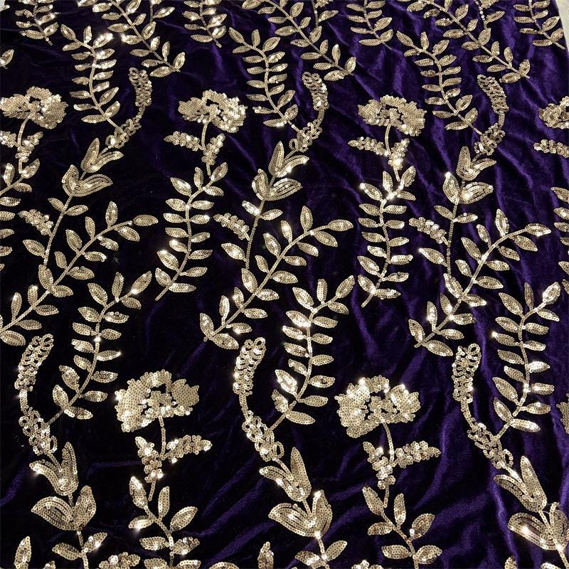 Purple Velvet Sequin Embroidered Fabric, Gold Floral Vine Embroidery, Shimmering Velvet for Evening Gowns, Dresses and Costume Sewing