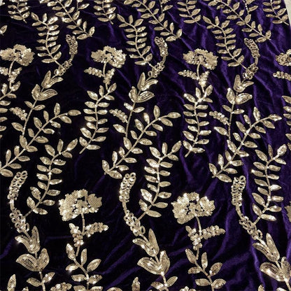 Purple Velvet Sequin Embroidered Fabric, Gold Floral Vine Embroidery, Shimmering Velvet for Evening Gowns, Dresses and Costume Sewing