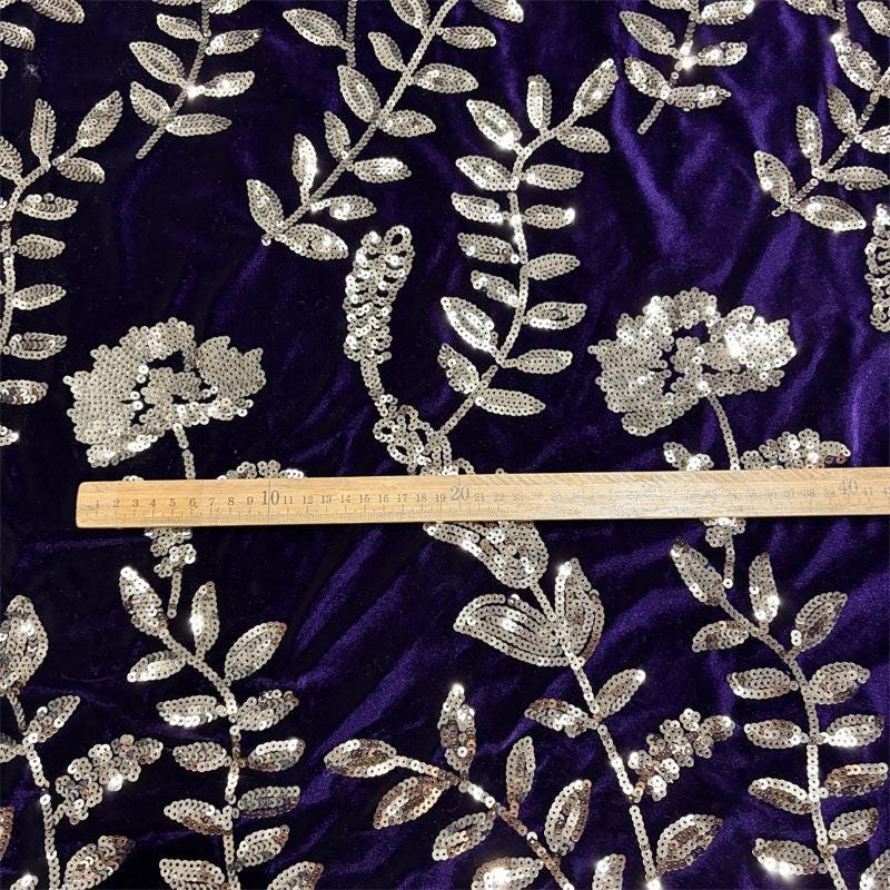 Purple Velvet Sequin Embroidered Fabric, Gold Floral Vine Embroidery, Shimmering Velvet for Evening Gowns, Dresses and Costume Sewing