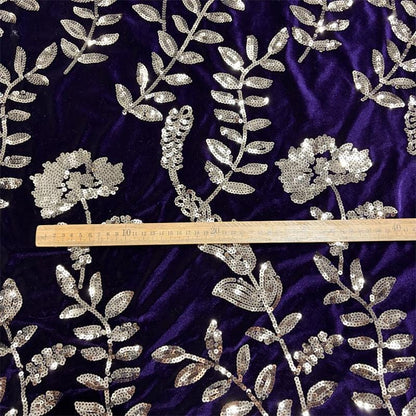 Purple Velvet Sequin Embroidered Fabric, Gold Floral Vine Embroidery, Shimmering Velvet for Evening Gowns, Dresses and Costume Sewing