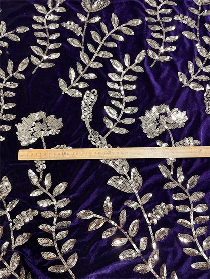 Purple Velvet Sequin Embroidered Fabric, Gold Floral Vine Embroidery, Shimmering Velvet for Evening Gowns, Dresses and Costume Sewing