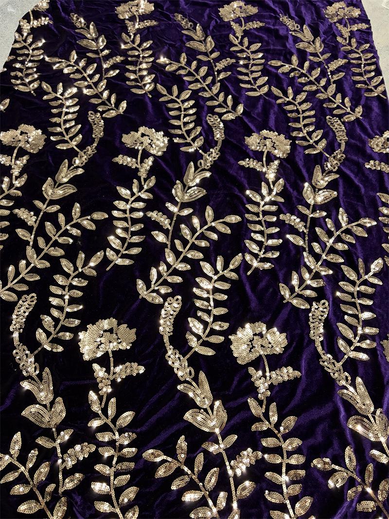Purple Velvet Sequin Embroidered Fabric, Gold Floral Vine Embroidery, Shimmering Velvet for Evening Gowns, Dresses and Costume Sewing