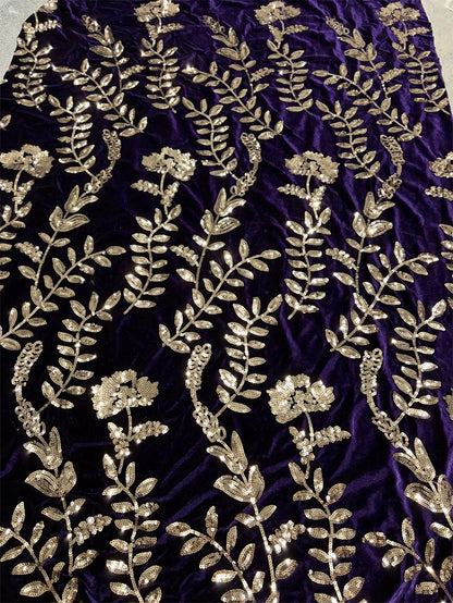 Purple Velvet Sequin Embroidered Fabric, Gold Floral Vine Embroidery, Shimmering Velvet for Evening Gowns, Dresses and Costume Sewing
