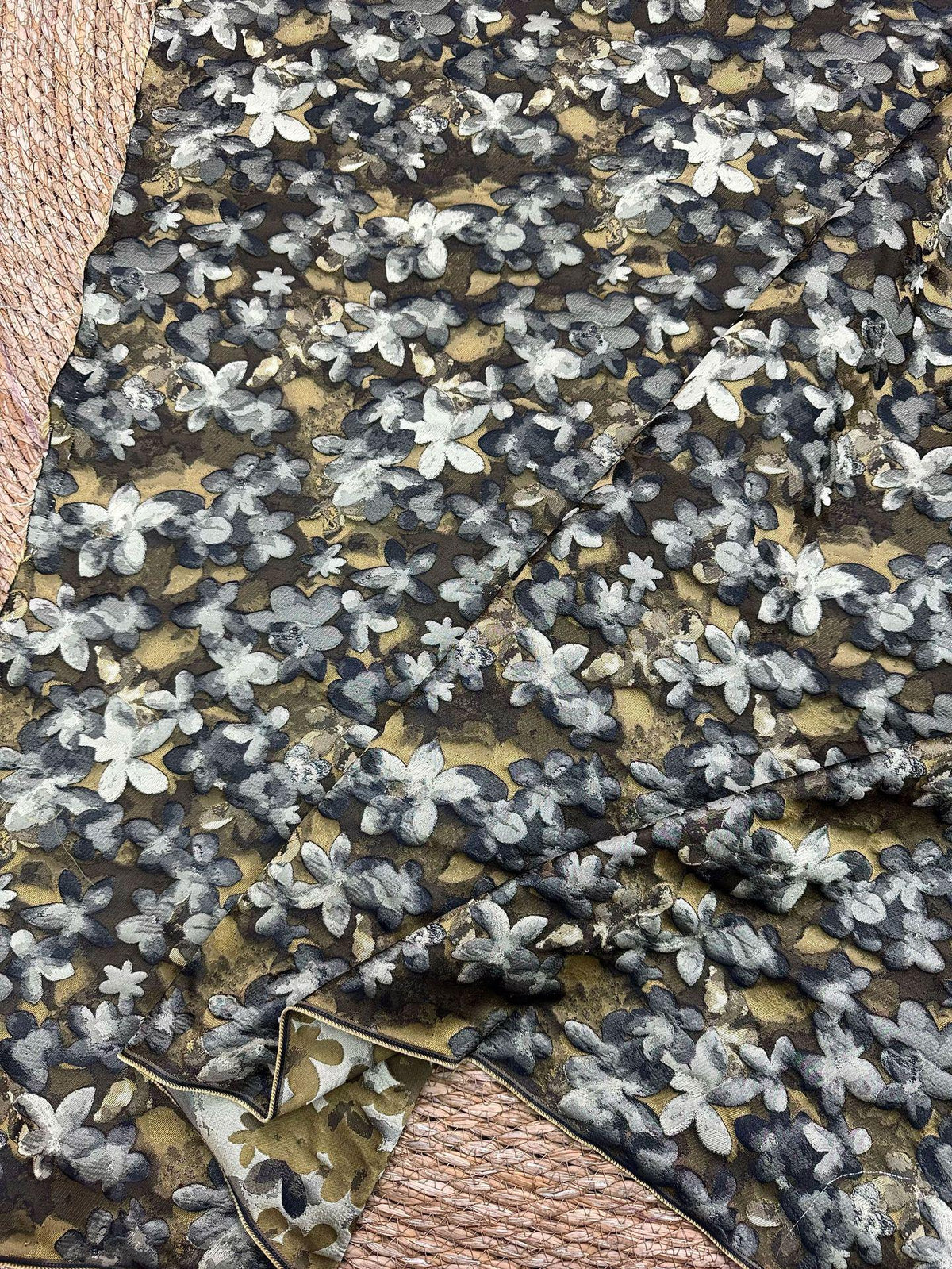 Olive Green Floral Jacquard Fabric, 3D Embossed Watercolor Flower Woven Brocade for Dresses, Cheongsam, Jackets and Home Decor - 62"W