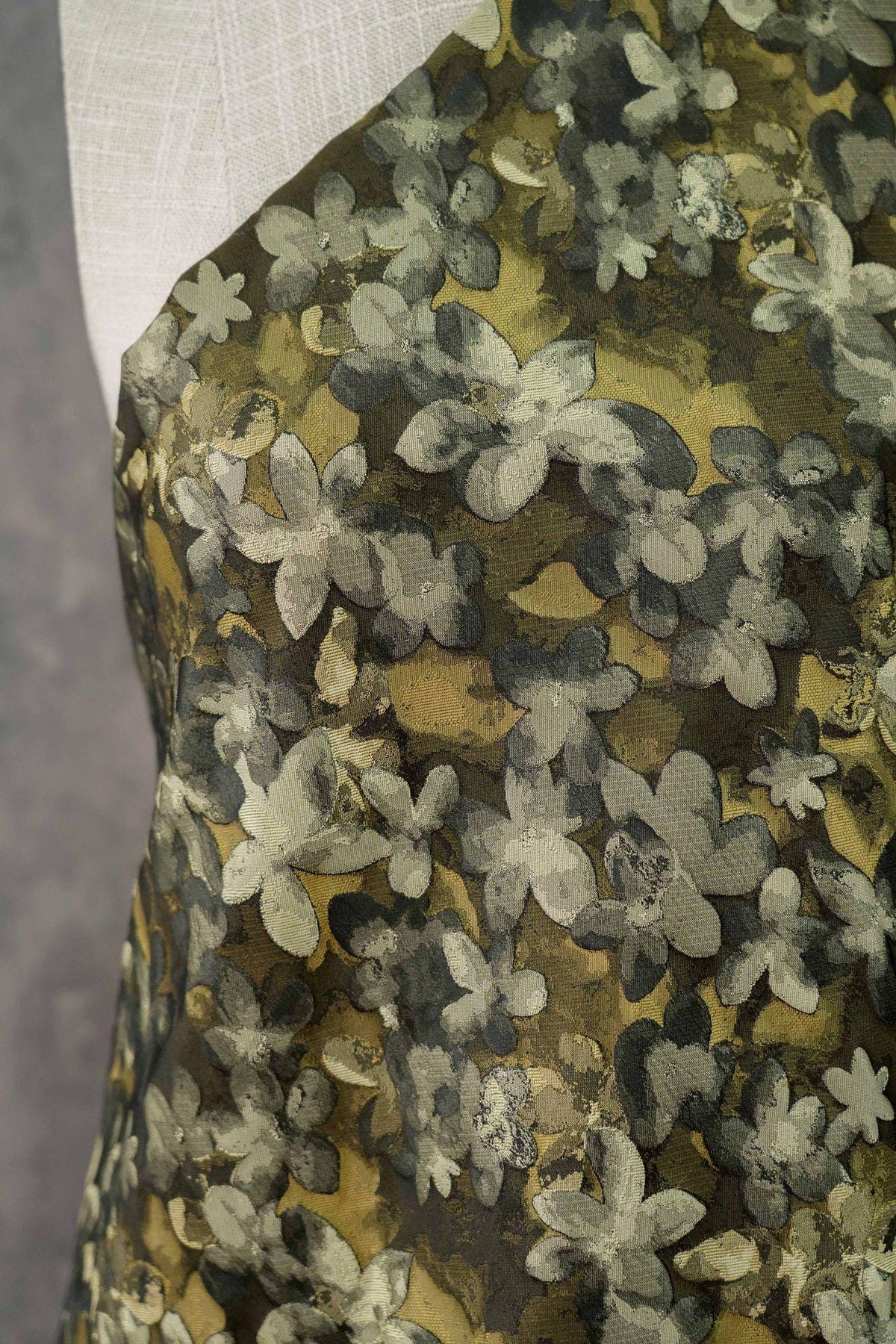 Olive Green Floral Jacquard Fabric, 3D Embossed Watercolor Flower Woven Brocade for Dresses, Cheongsam, Jackets and Home Decor - 62"W