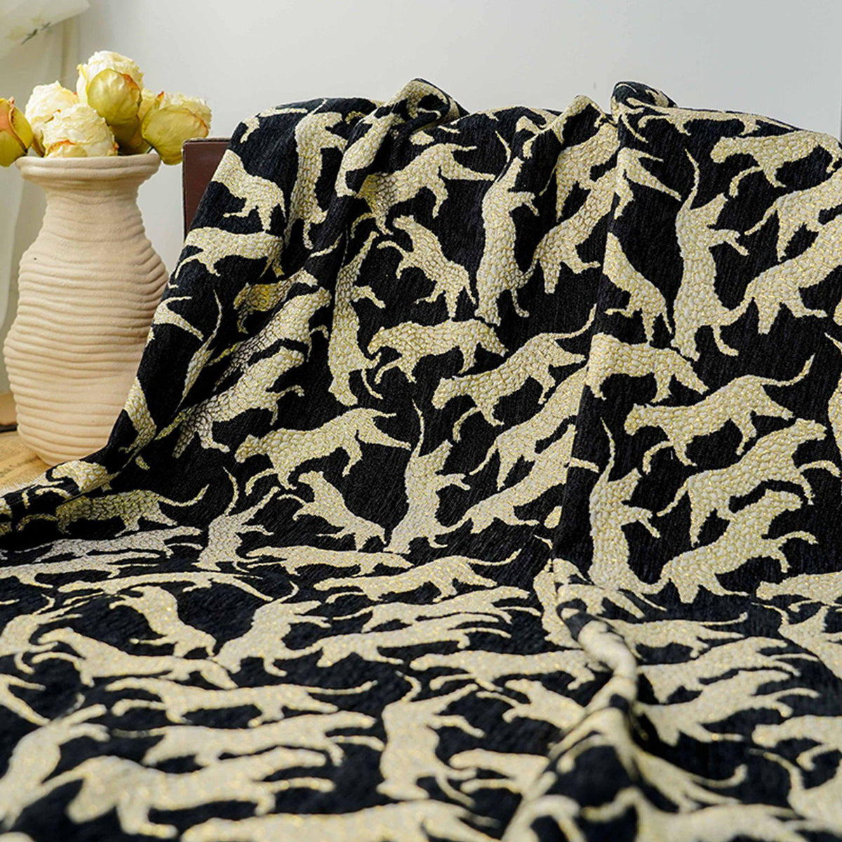 Black Gold Abstract Leopard Jacquard Fabric, 3D Embossed Metallic Brocade for Coats, Jackets, Dresses, Bags and Upholstery - 58"W