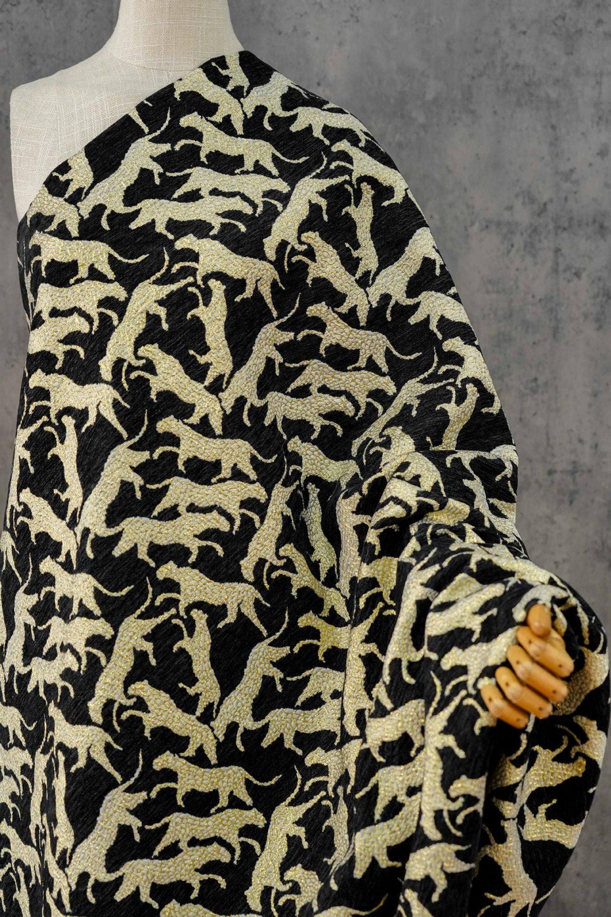 Black Gold Abstract Leopard Jacquard Fabric, 3D Embossed Metallic Brocade for Coats, Jackets, Dresses, Bags and Upholstery - 58"W