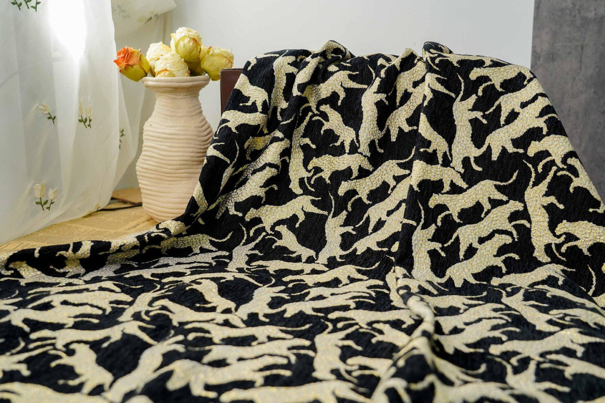 Black Gold Abstract Leopard Jacquard Fabric, 3D Embossed Metallic Brocade for Coats, Jackets, Dresses, Bags and Upholstery - 58"W