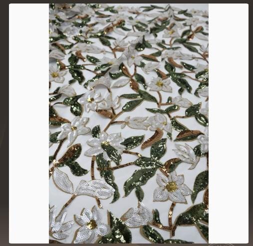 Multicolor Sequin Embroidered Tulle Fabric, White Floral Mesh Lace with Green and Gold Sequins for Gowns, Dresses and Bridal Wear, 48"