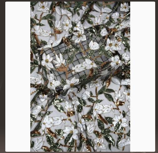 Multicolor Sequin Embroidered Tulle Fabric, White Floral Mesh Lace with Green and Gold Sequins for Gowns, Dresses and Bridal Wear, 48"