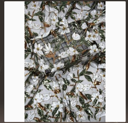 Multicolor Sequin Embroidered Tulle Fabric, White Floral Mesh Lace with Green and Gold Sequins for Gowns, Dresses and Bridal Wear, 48"