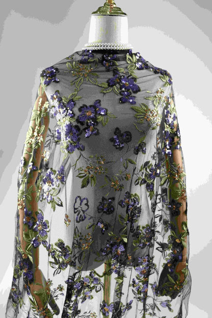 Purple Floral Sequin Embroidered Lace Fabric, Black Sheer Mesh Tulle with Gold Accents for Cheongsam, Gowns, Dresses and Bridal Wear, 48"