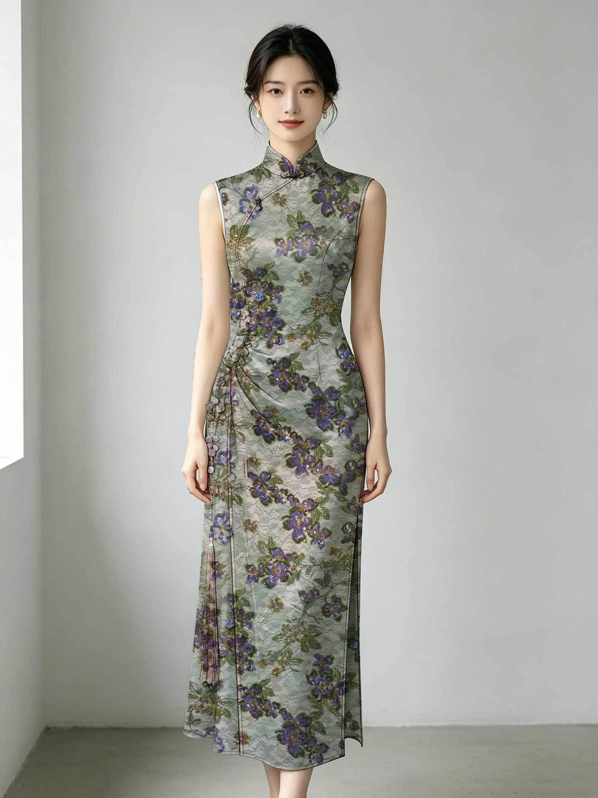Purple Floral Sequin Embroidered Lace Fabric, Black Sheer Mesh Tulle with Gold Accents for Cheongsam, Gowns, Dresses and Bridal Wear, 48"