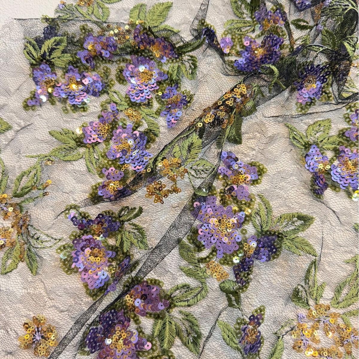 Purple Floral Sequin Embroidered Lace Fabric, Black Sheer Mesh Tulle with Gold Accents for Cheongsam, Gowns, Dresses and Bridal Wear, 48"