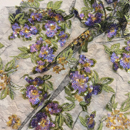 Purple Floral Sequin Embroidered Lace Fabric, Black Sheer Mesh Tulle with Gold Accents for Cheongsam, Gowns, Dresses and Bridal Wear, 48"