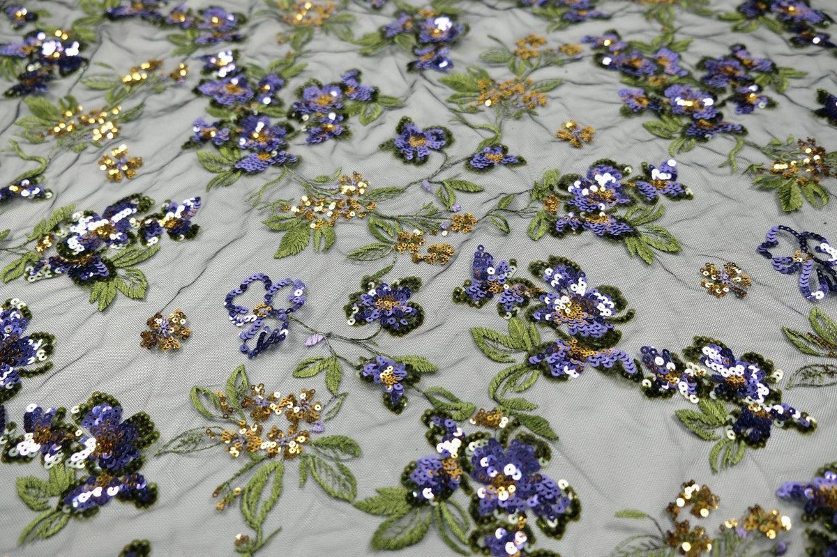 Purple Floral Sequin Embroidered Lace Fabric, Black Sheer Mesh Tulle with Gold Accents for Cheongsam, Gowns, Dresses and Bridal Wear, 48"