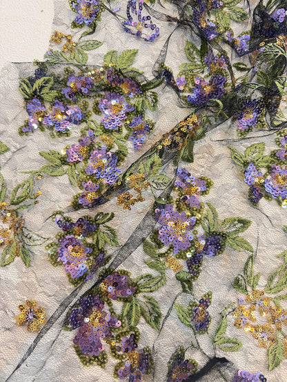 Purple Floral Sequin Embroidered Lace Fabric, Black Sheer Mesh Tulle with Gold Accents for Cheongsam, Gowns, Dresses and Bridal Wear, 48"