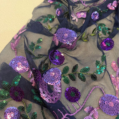 Purple Floral Sequin Embroidered Tulle Fabric, Black Sheer Mesh Lace with Green Leaves for Evening Gowns, Dresses, Cheongsam and Crafts, 48"