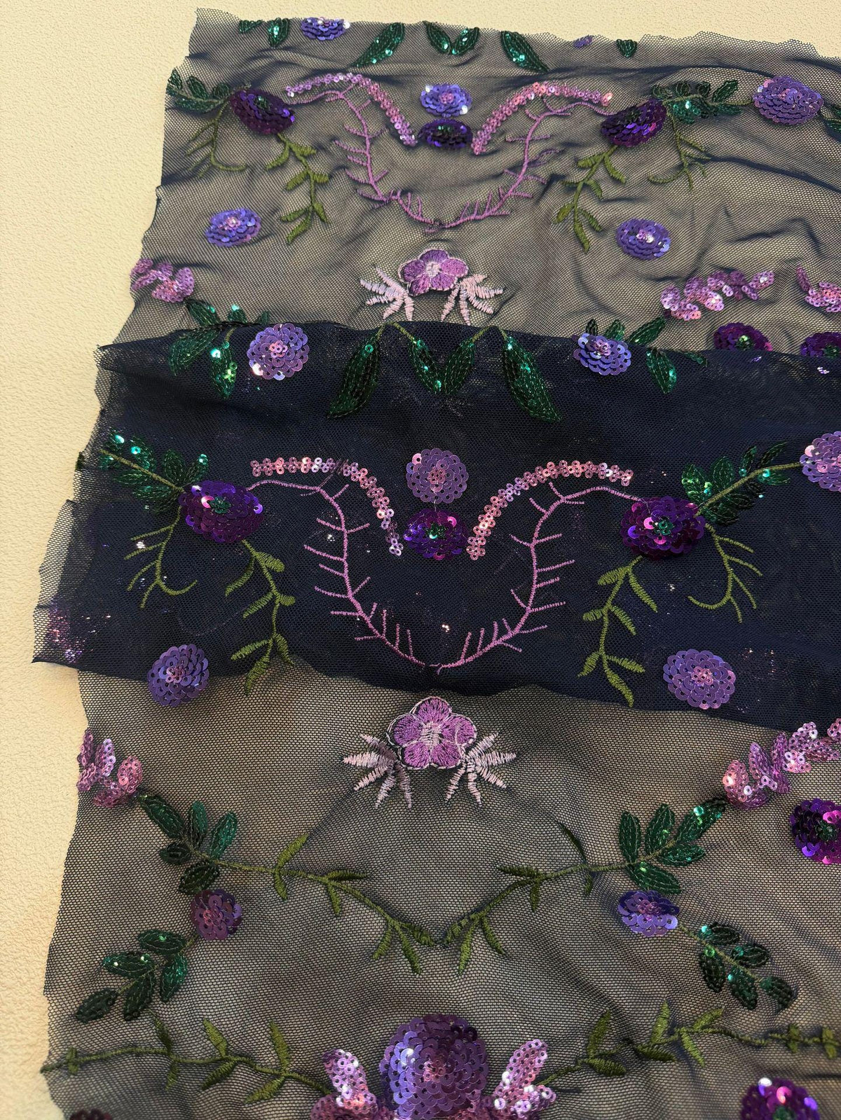 Purple Floral Sequin Embroidered Tulle Fabric, Black Sheer Mesh Lace with Green Leaves for Evening Gowns, Dresses, Cheongsam and Crafts, 48"
