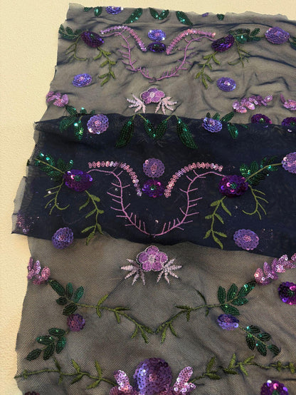 Purple Floral Sequin Embroidered Tulle Fabric, Black Sheer Mesh Lace with Green Leaves for Evening Gowns, Dresses, Cheongsam and Crafts, 48"